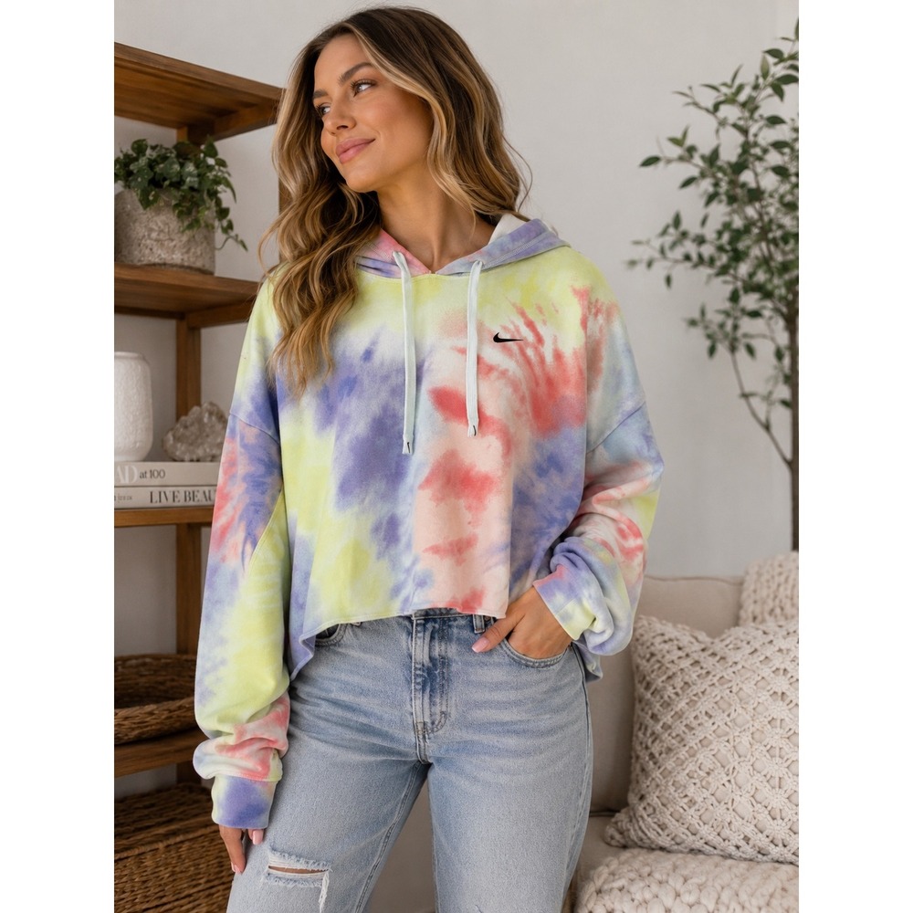 Nike Women's Large Pastel Tie Dye Cropped Hoodie Oversized Sweatshirt Y2K